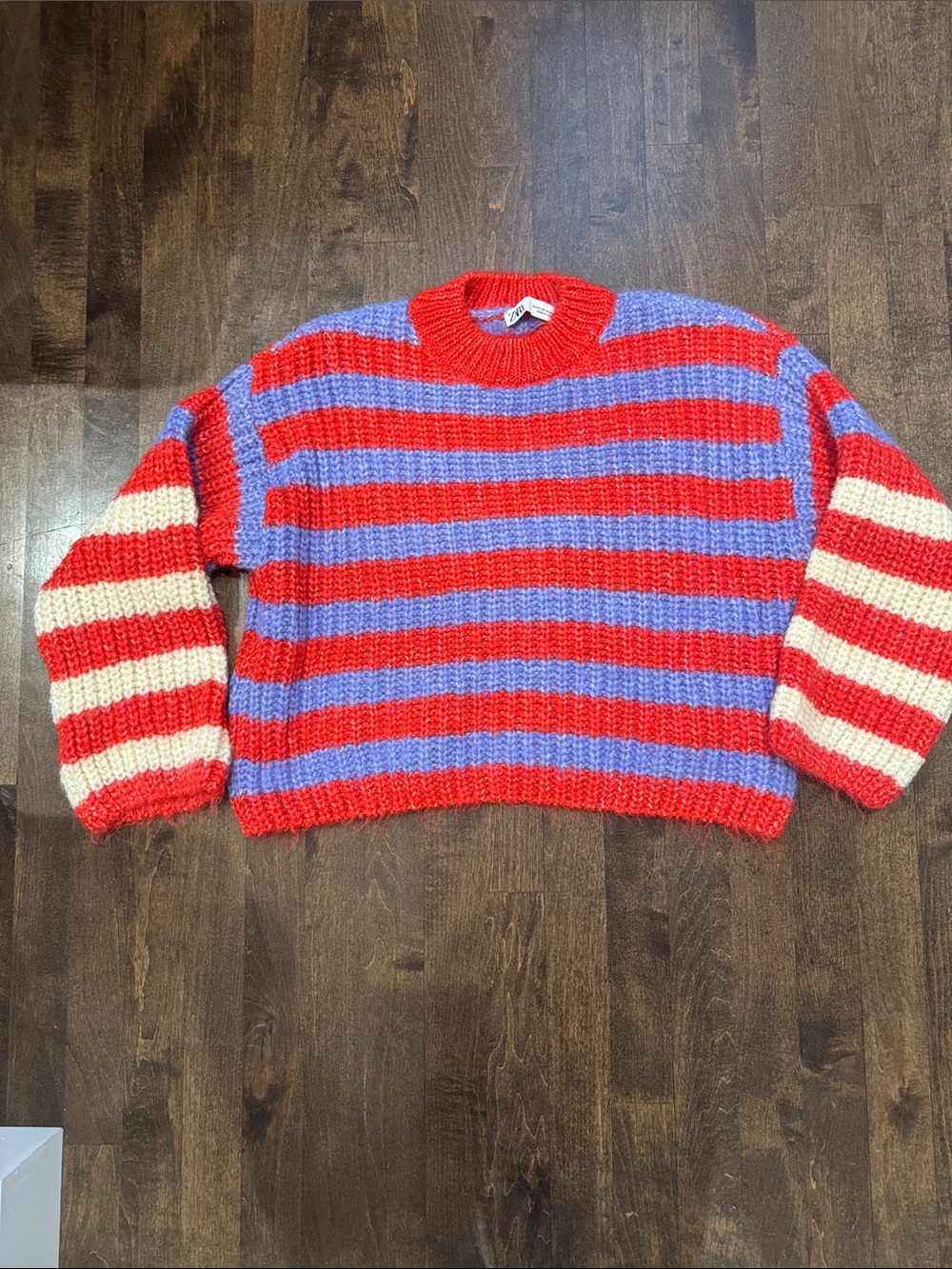 Zara Striped Crewneck Sweater in Red, Blue & Cream